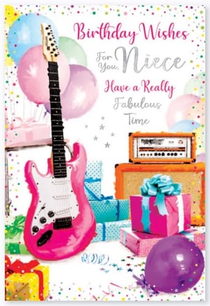 A birthday card for a niece with a pink guitar.