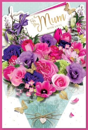 A mother's day card with a bouquet of pink and purple flowers