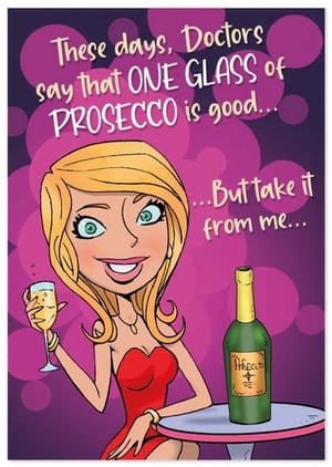 a cartoon of a woman holding a glass of prosecco