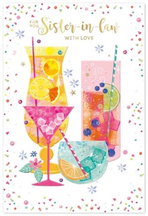 a birthday card for a sister-in-law with three drinks on it