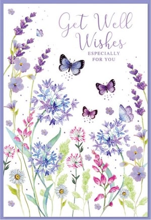 a get well wishes card with purple flowers and butterflies