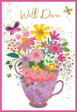 a well done card with a cup filled with flowers and butterflies