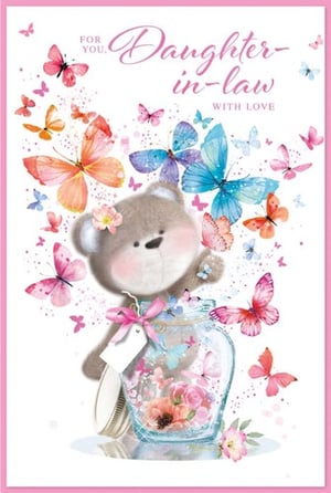 a daughter in law card with a teddy bear in a jar surrounded by butterflies