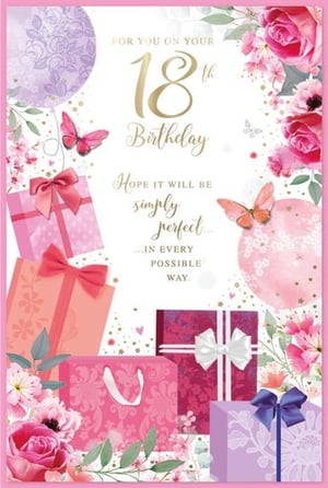 a 18th birthday card with flowers and presents