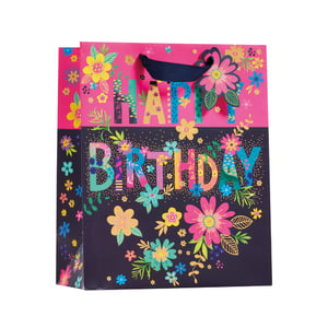 a happy birthday gift bag with flowers on it