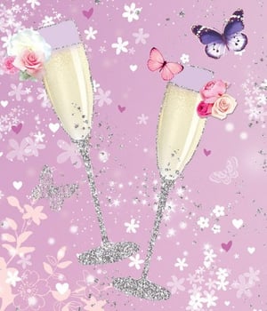 A greeting card with two glasses of champagne and balloons.