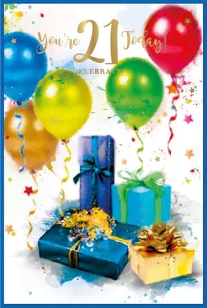 a birthday card for a 21st birthday with balloons and presents .
