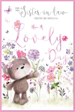 a card for a sister in law with a teddy bear in a field of flowers