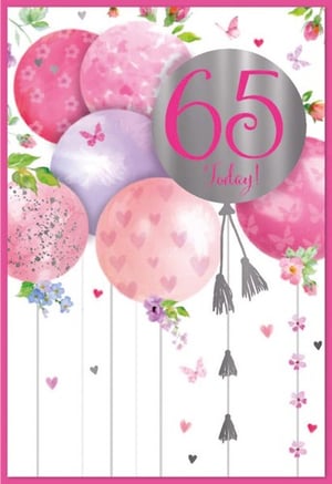 a 65th birthday card with pink and purple balloons