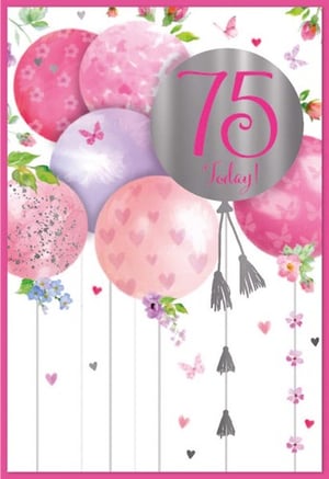 a 75th birthday card with pink and purple balloons