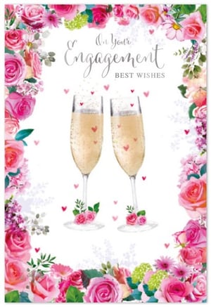 an engagement card with two glasses of champagne and pink flowers
