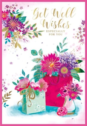 a get well wishes card with flowers and a gift bag