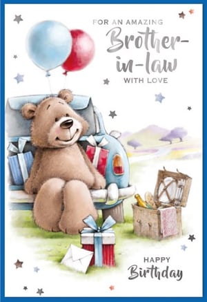 a birthday card for a brother-in-law with a teddy bear sitting in the back of a car
