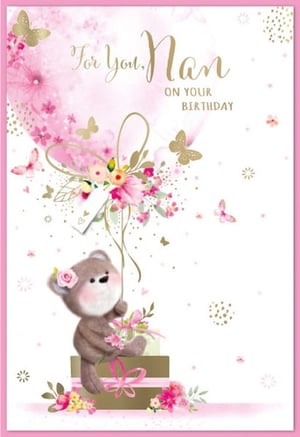 a birthday card with a teddy bear holding a pink balloon