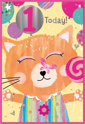 a birthday card with a cat holding a lollipop and a butterfly on its nose