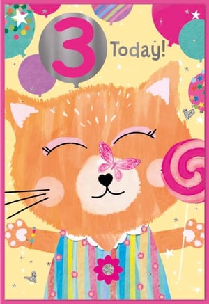 a birthday card for a little girl with a cat and balloons
