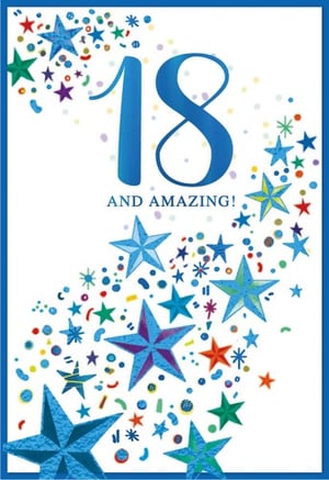 a 18th birthday card with blue stars and confetti