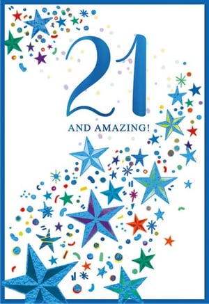 a 21st birthday card with blue stars and confetti