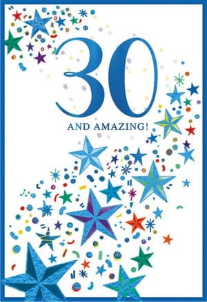 a 30th birthday card with blue stars and confetti