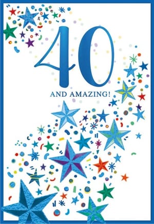 a 40th birthday card with blue stars and confetti