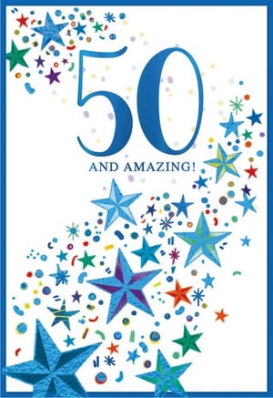 a 50th birthday card with blue stars and confetti