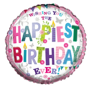 A balloon that says "wishing you the happiest birthday ever."