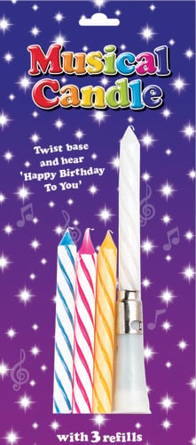 a musical candle with 3 refills on a blue background