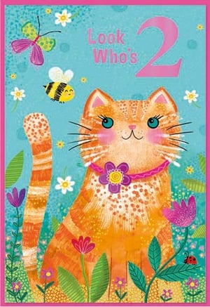 a birthday card for a girl with a cat and flowers on it .