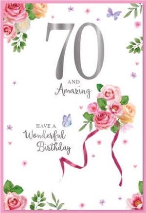 a 70th birthday card with pink roses and butterflies
