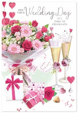 a wedding day card with a bouquet of flowers and champagne glasses .