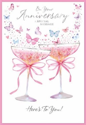 a anniversary card with two champagne glasses and butterflies on it .