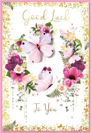 a good luck card with butterflies and flowers on it .