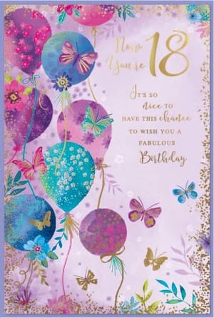 a birthday card for a girl with balloons and butterflies on it .