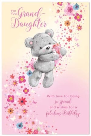 a teddy bear is holding a flower on a birthday card for a granddaughter .