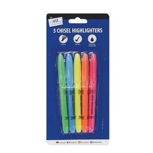 a package of 5 chisel highlighters in different colors