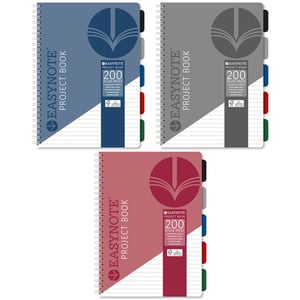 three different colored easynote project books with dividers