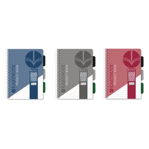 three different colored easynote project books with dividers