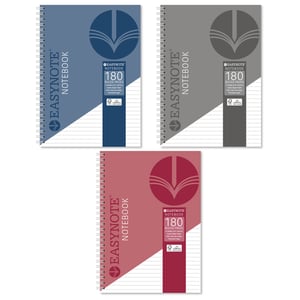 three different colored easynote notebooks are shown on a white background