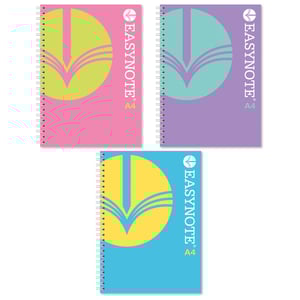three spiral notebooks with easynote written on them
