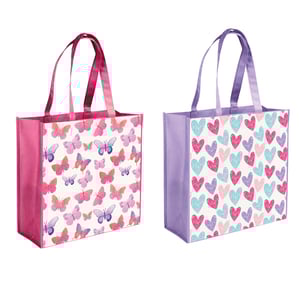 a pink and purple tote bag with butterflies and hearts on it