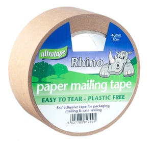 A roll of paper mailing tape with a rhino on the label.