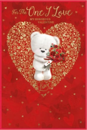 a valentine 's day card with a teddy bear holding a bouquet of red roses
