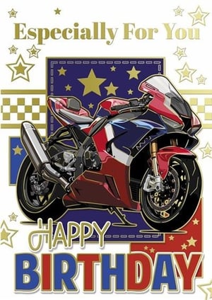 a happy birthday card with a motorcycle on it