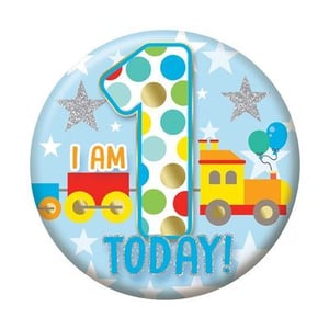 a button that says `` i am 1 today '' with a train and balloons on it .