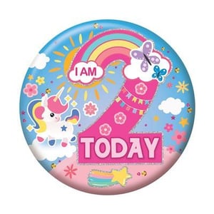a button that says `` i am 2 today '' with a unicorn and a rainbow .