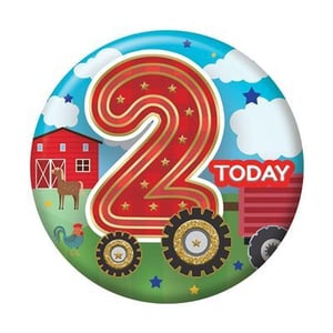 a paper plate with a red number 2 and a tractor on it .