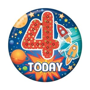 a 4th birthday badge with a rocket , planets , and stars .