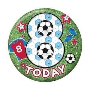 a paper plate with a soccer theme and the number eight on it .