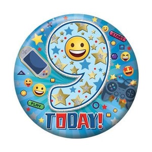 a paper plate with a smiley face and the number 9 on it .