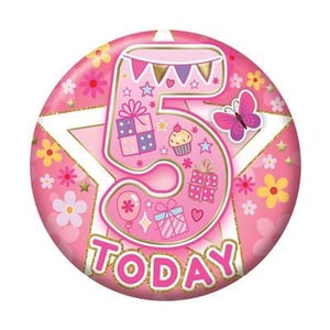 a pink birthday plate for a girl with the number 5 on it .